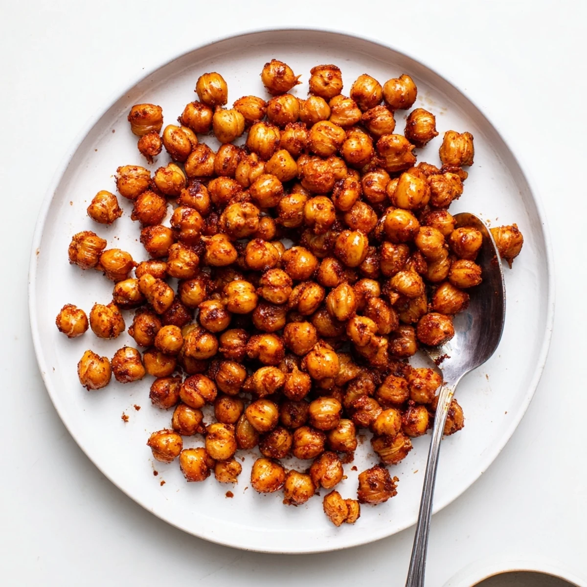 Golden Crispy Chickpea Snack roasted with smoked paprika, cumin, and garlic powder in a single layer on a baking sheet.  