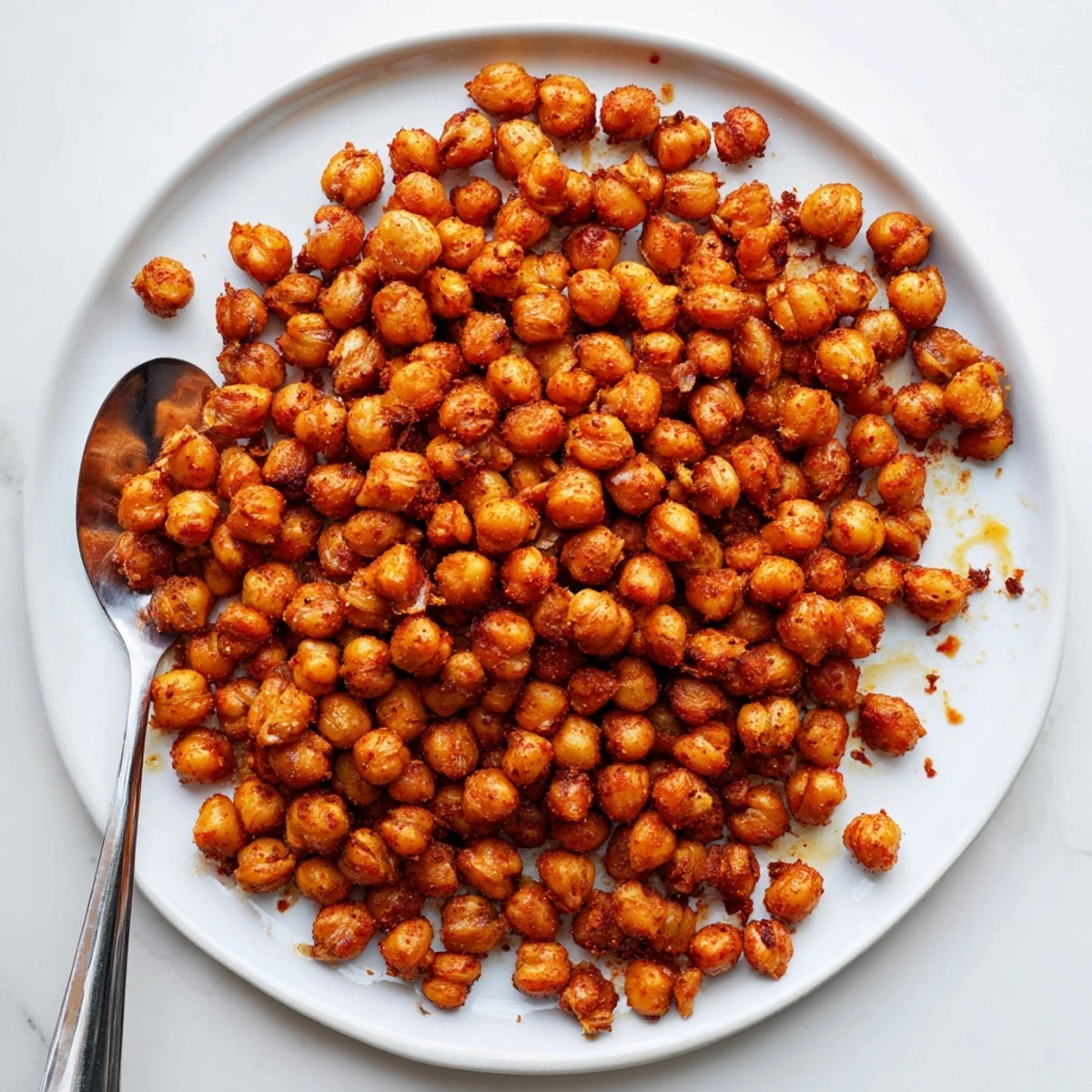 Easy oven-baked Crispy Chickpea Snack tossed in olive oil and spices, ready to enjoy as a crunchy salad topping.