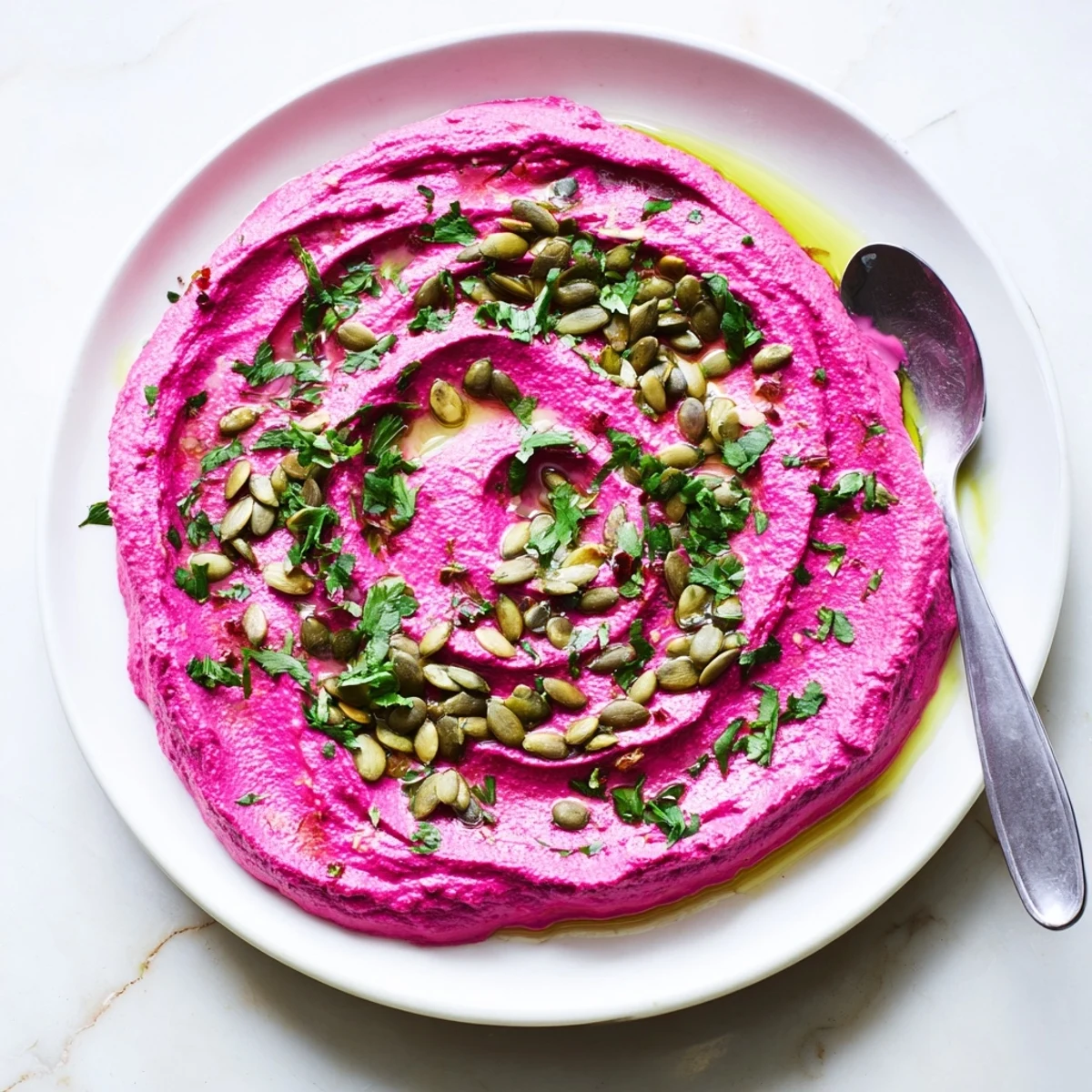 Roasted beet hummus swirled with olive oil and topped with crunchy seeds, a colorful vegan appetizer perfect for Middle Eastern-inspired spreads.