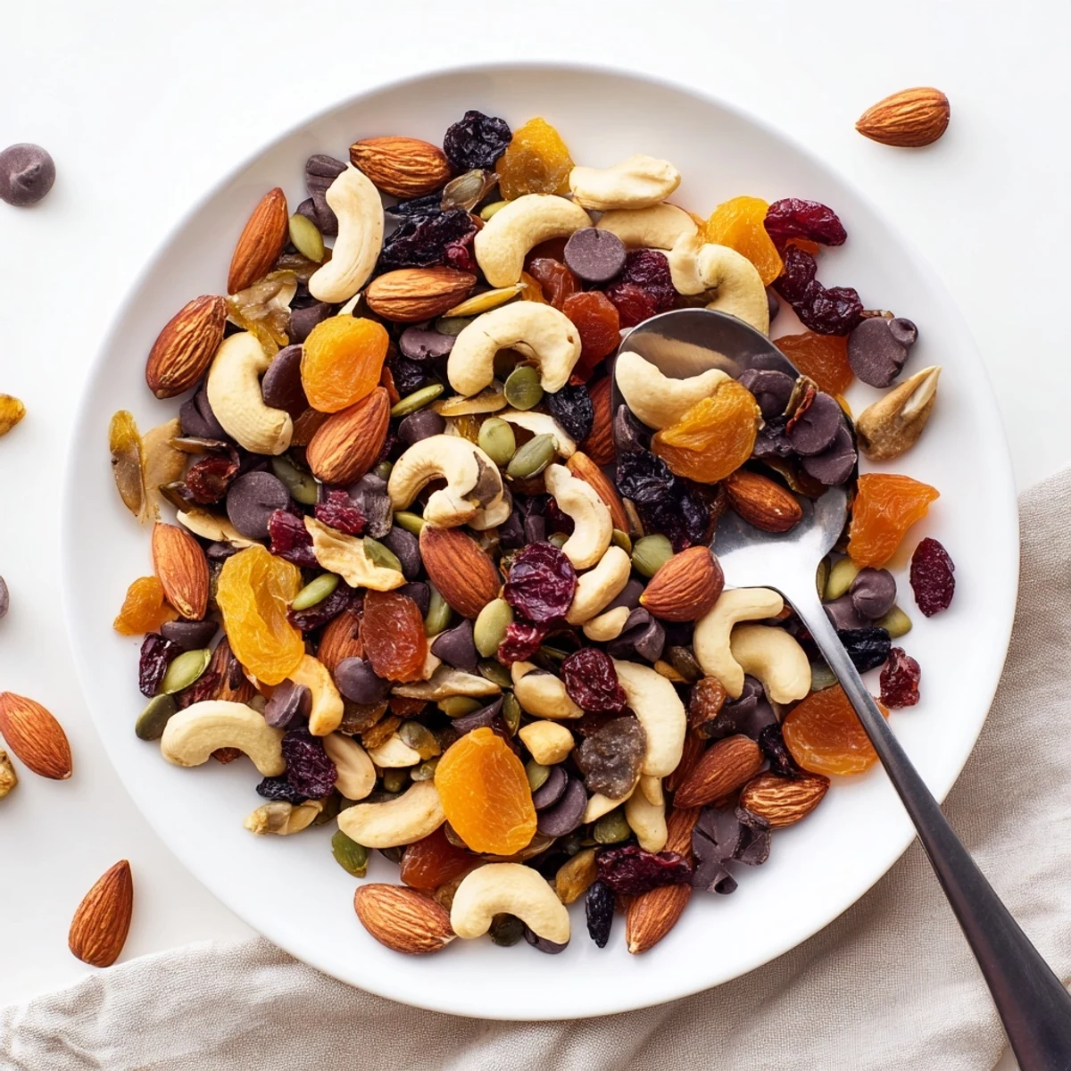 A close-up of Trail Mix Custom with almonds, cashews, and chocolate chips on a rustic wooden table.  