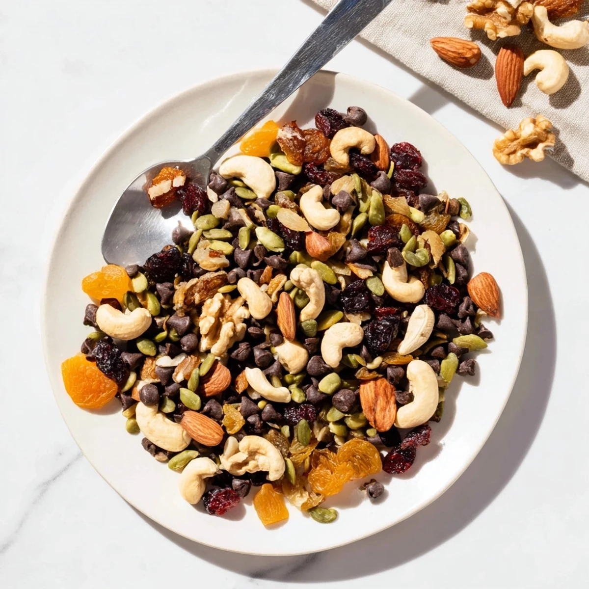 A handful of Trail Mix Custom showcases walnuts, sunflower seeds, and cranberries for an energy-boosting snack.