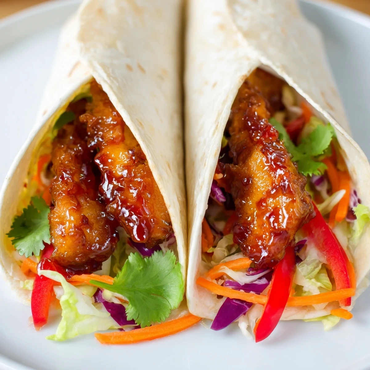 A close-up of a Honey Sriracha Chicken Wrap sliced in half, revealing layers of glazed chicken, crisp lettuce, and vibrant red bell pepper.  