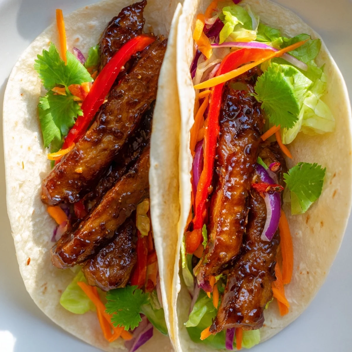 Overhead view of a plated Honey Sriracha Chicken Wrap garnished with cilantro, alongside julienned carrots and a small bowl of extra sauce.
