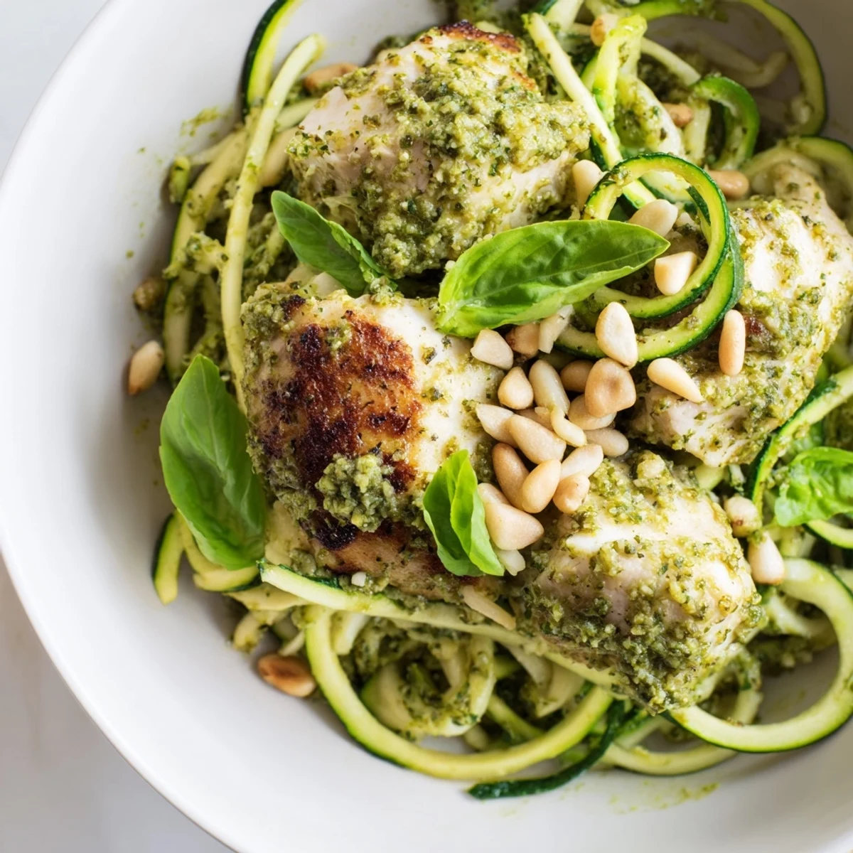 Tender chicken and crisp zucchini noodles tossed in vibrant basil pesto, topped with Parmesan and toasted pine nuts.