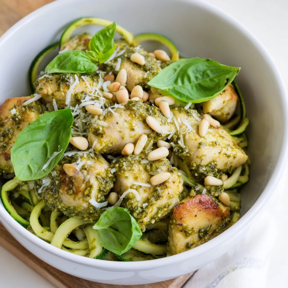Serving suggestion for the Pesto Zucchini Chicken Bowl, a light low-carb meal perfect for warm weather.