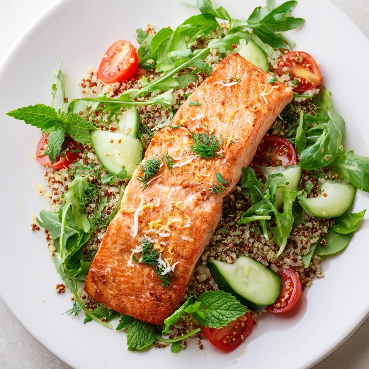 Golden baked salmon fillet atop a vibrant lemon herb salmon salad with quinoa, greens, and a zesty citrus vinaigrette.