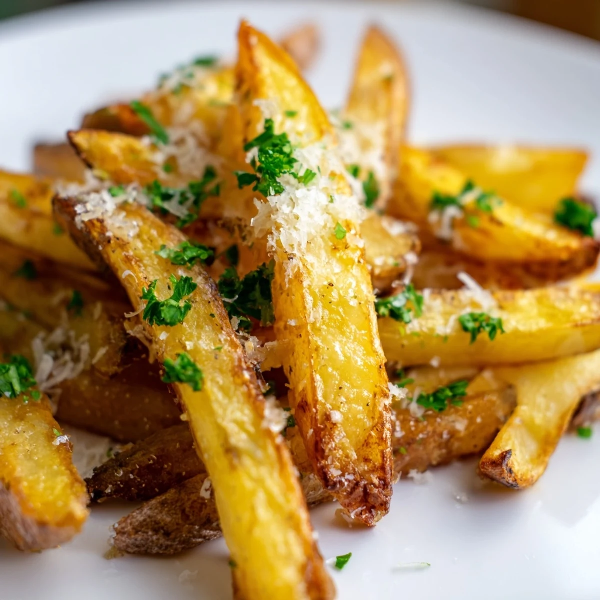 Freshly grated Parmesan and a glossy drizzle of truffle oil coat these crispy baked fries, served hot as an irresistible savory snack.