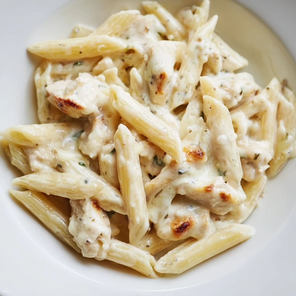 Steaming Chicken Alfredo Casserole fresh from the oven, topped with golden-bubbly mozzarella and fresh parsley, in a white baking dish.  