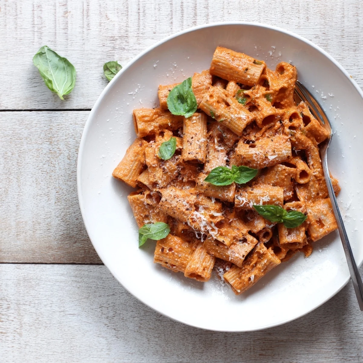 Creamy Roasted Red Pepper Pasta twirled on a fork, with fresh basil and grated Parmesan.