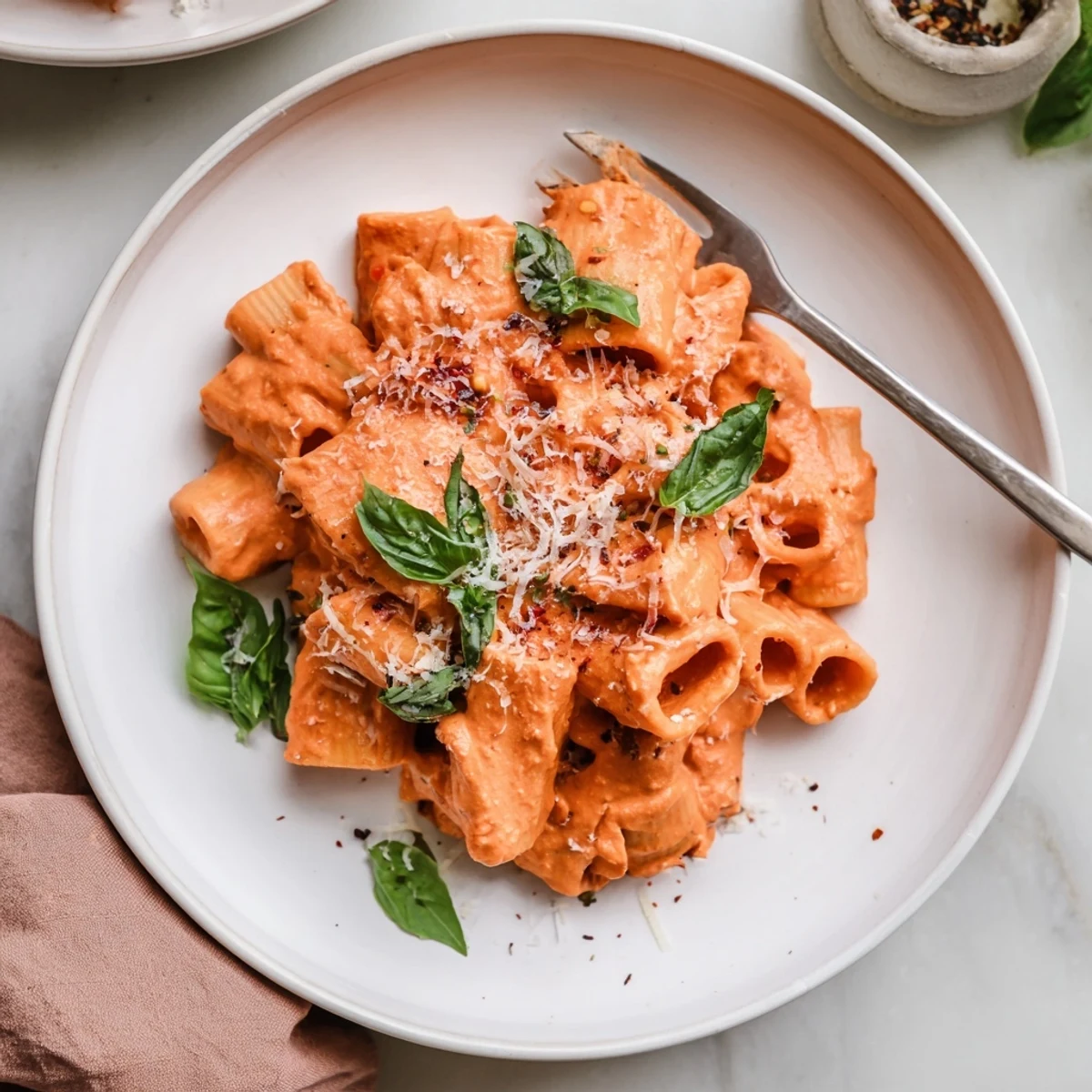 Vibrant Roasted Red Pepper Pasta served in a bowl, garnished with torn basil and extra cheese.