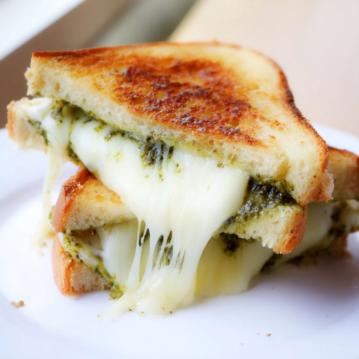 Sliced sourdough pesto grilled cheese on a wooden board, served beside a fresh tomato soup and basil garnish for dipping.