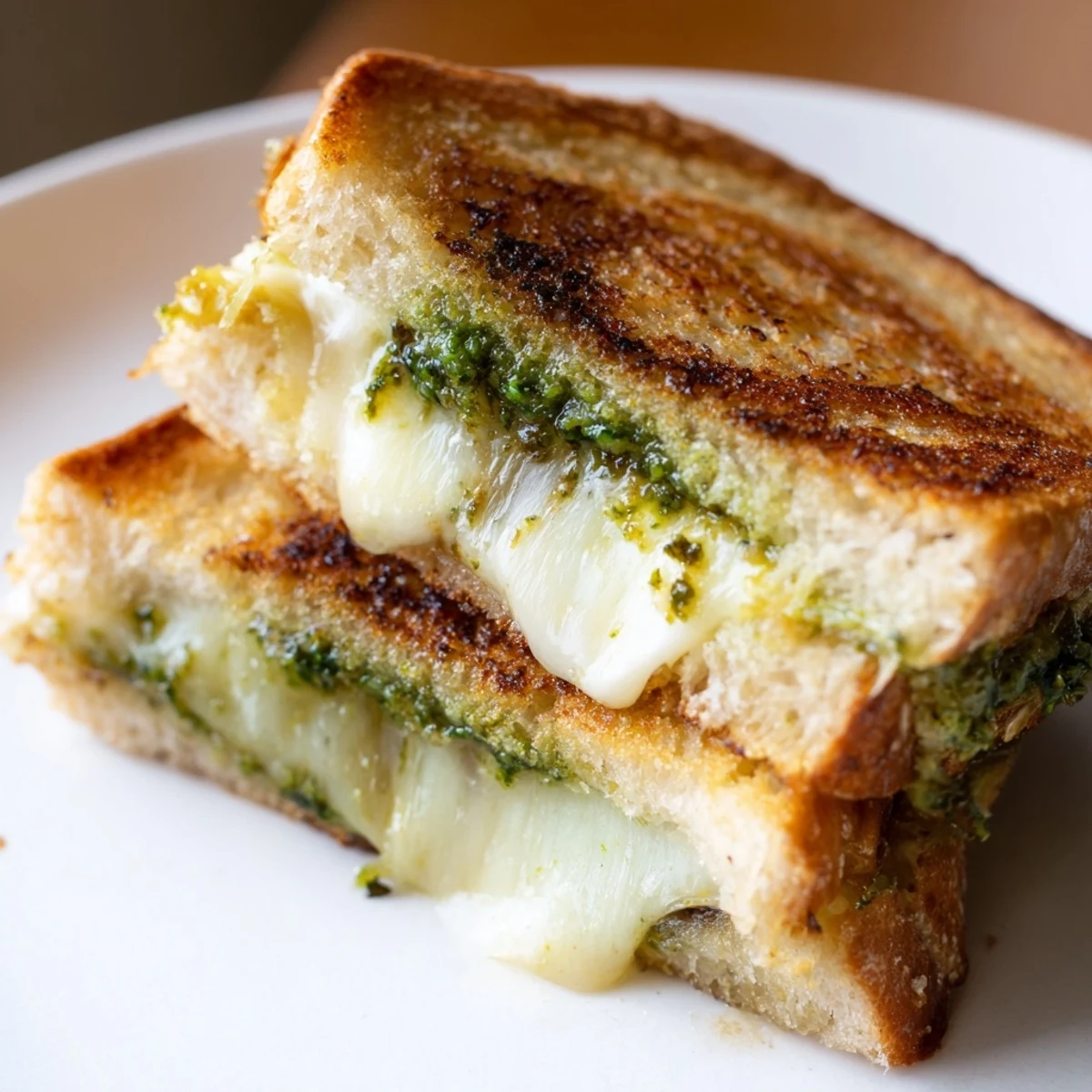 A close-up of a golden sourdough pesto grilled cheese, with melty mozzarella and fontina oozing from the crispy, buttery bread.