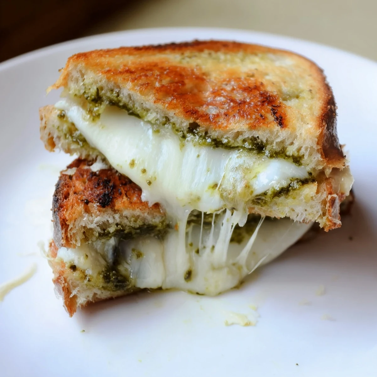 A crispy sourdough pesto grilled cheese sandwich cut diagonally, revealing layers of melted cheddar and vibrant green basil pesto spread.