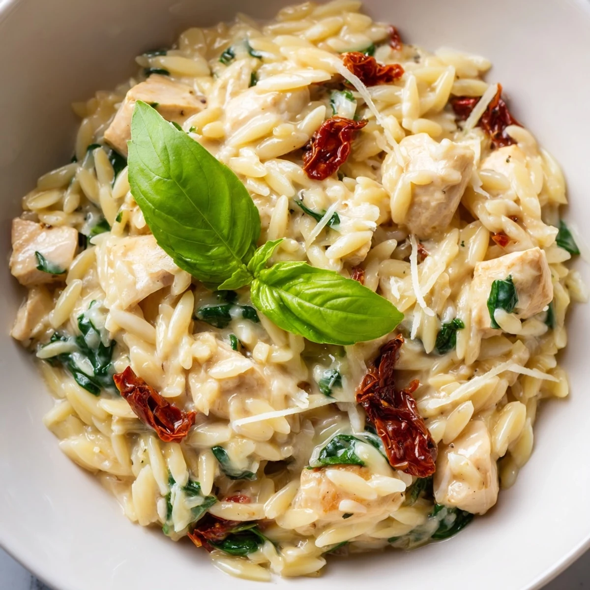 Golden-brown chicken pieces nestled in creamy Tuscan Chicken Orzo, with vibrant sun-dried tomatoes and wilted spinach.