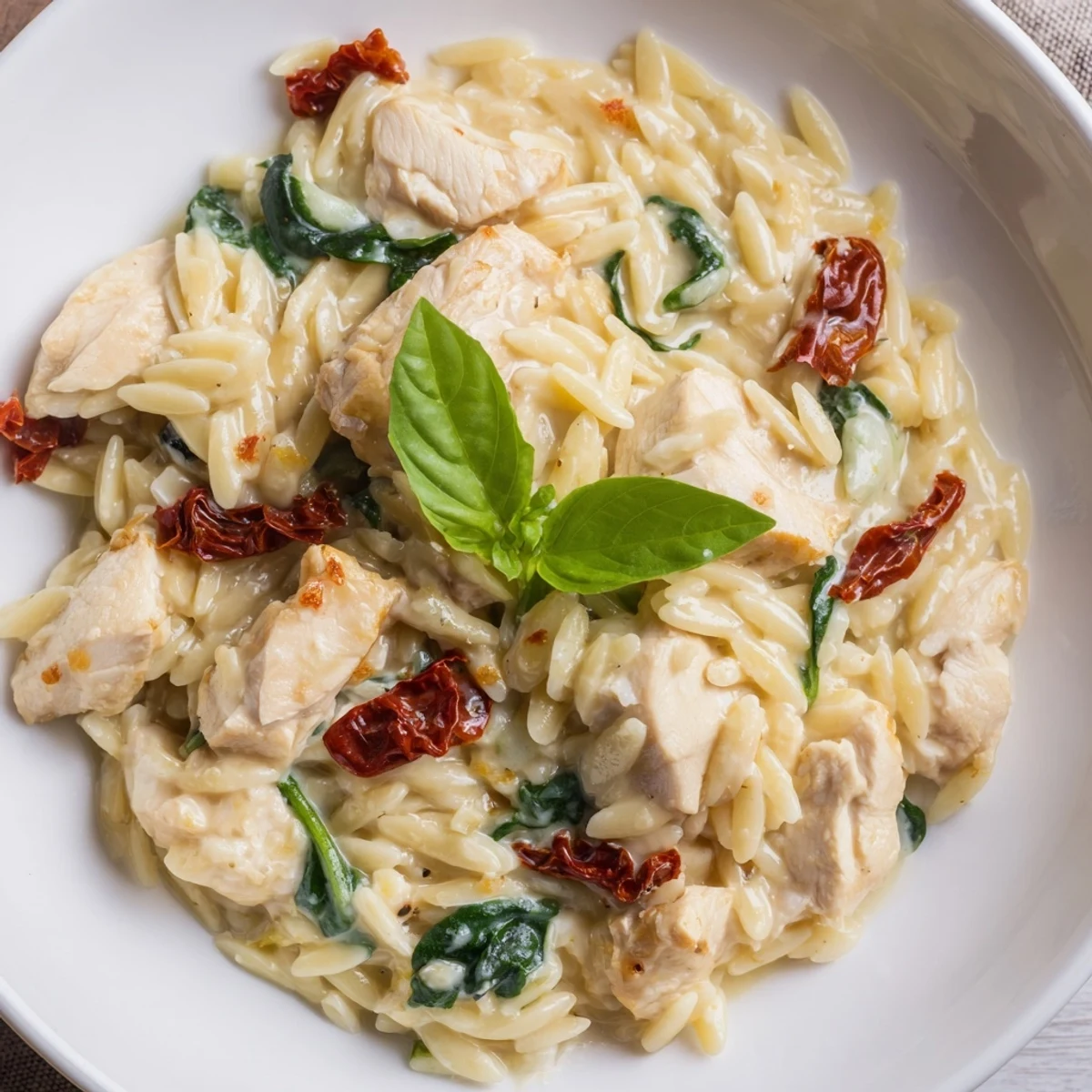 Tuscan Chicken Orzo served in a white bowl, garnished with fresh basil and a sprinkle of Parmesan.