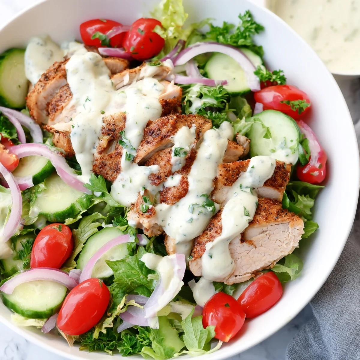 Colorful Chicken Shawarma Salad Bowl with spiced chicken slices over crisp greens, juicy tomatoes, cucumbers, and fresh parsley, drizzled with creamy garlic sauce.