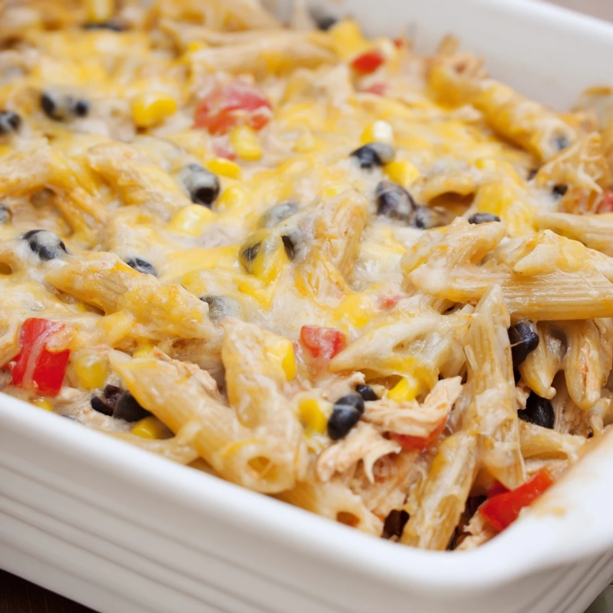 Golden-brown, bubbly cheese melts over the baked Chicken Burrito Pasta, served in a white dish with fresh cilantro.