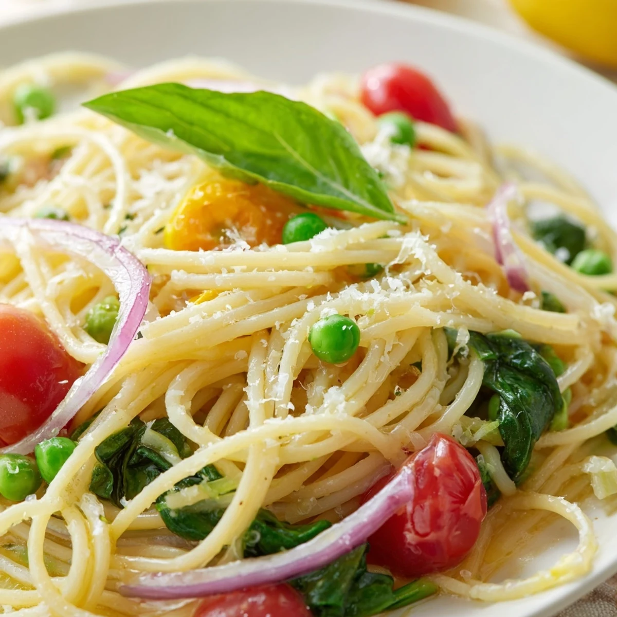 A plated serving of Spring Veggie One-Pot Spaghetti tossed with Parmesan, fresh basil, and lemon zest.