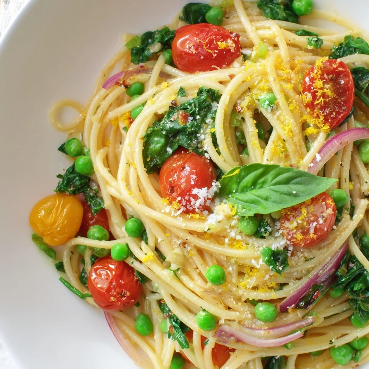 Close-up of Spring Veggie One-Pot Spaghetti in a pot, showcasing al dente pasta and vibrant vegetables.
