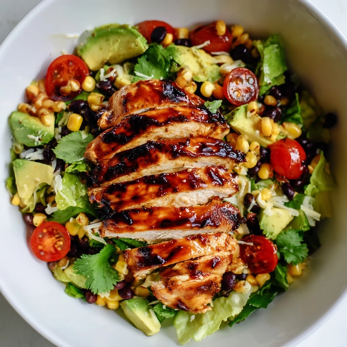 Freshly grilled honey lime chicken sits atop crisp romaine with sweet corn and black beans in this vibrant salad.