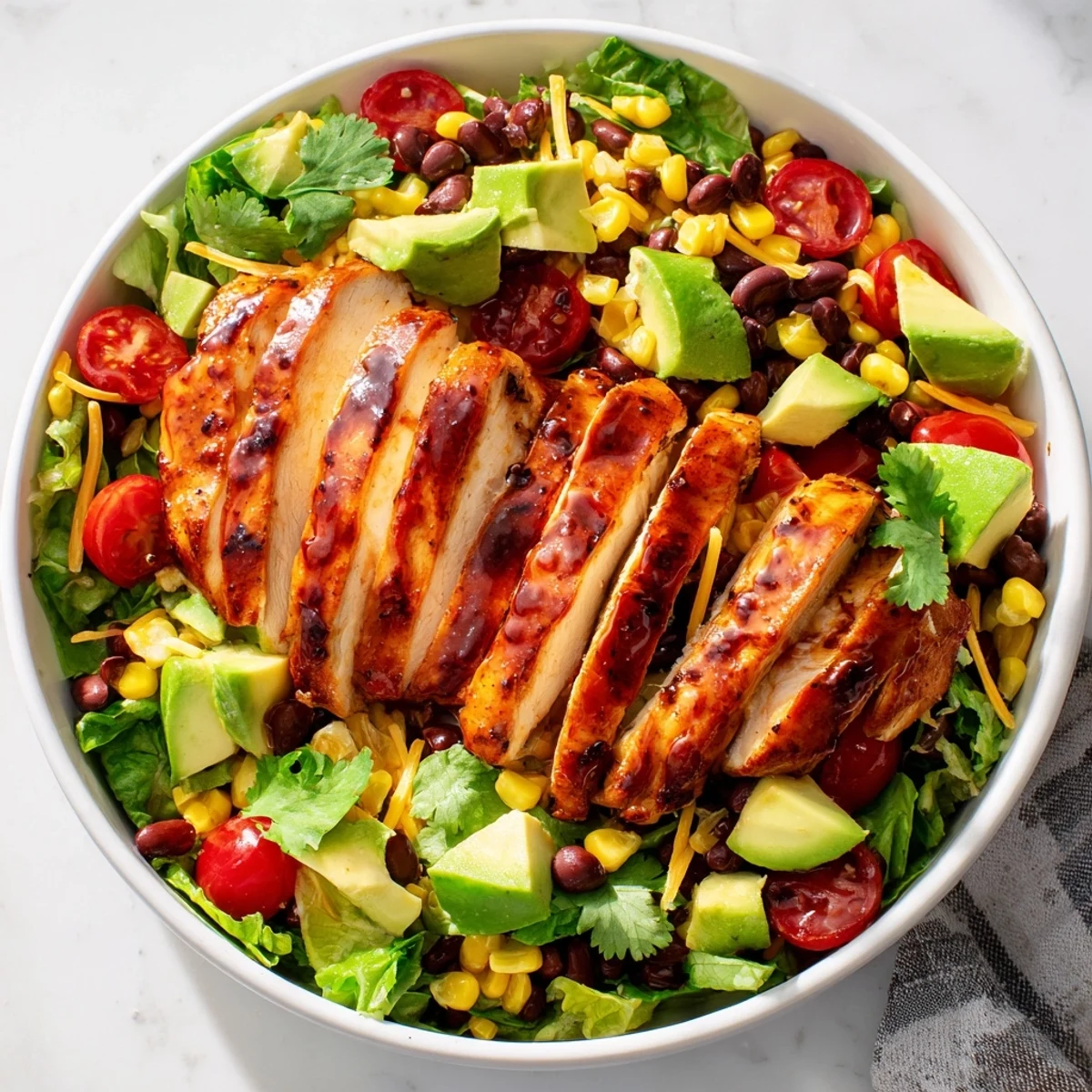 Bright honey lime chicken taco salad features diced avocado, cherry tomatoes, and crunchy tortilla strips for texture.