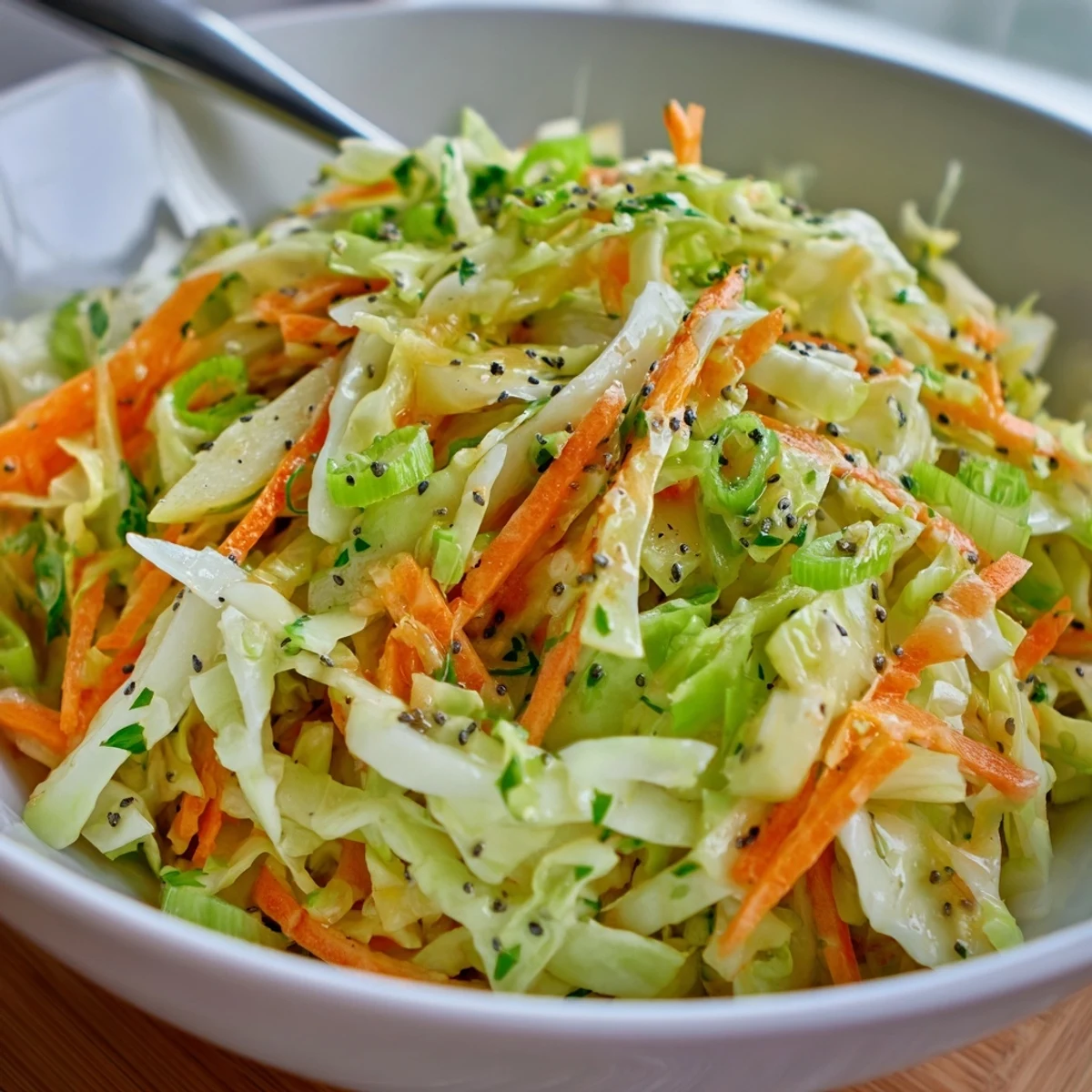 Colorful Green Cabbage and Apple Slaw garnished with fresh parsley, perfect as a refreshing side dish for summer barbecues, picnics, or sandwiches.