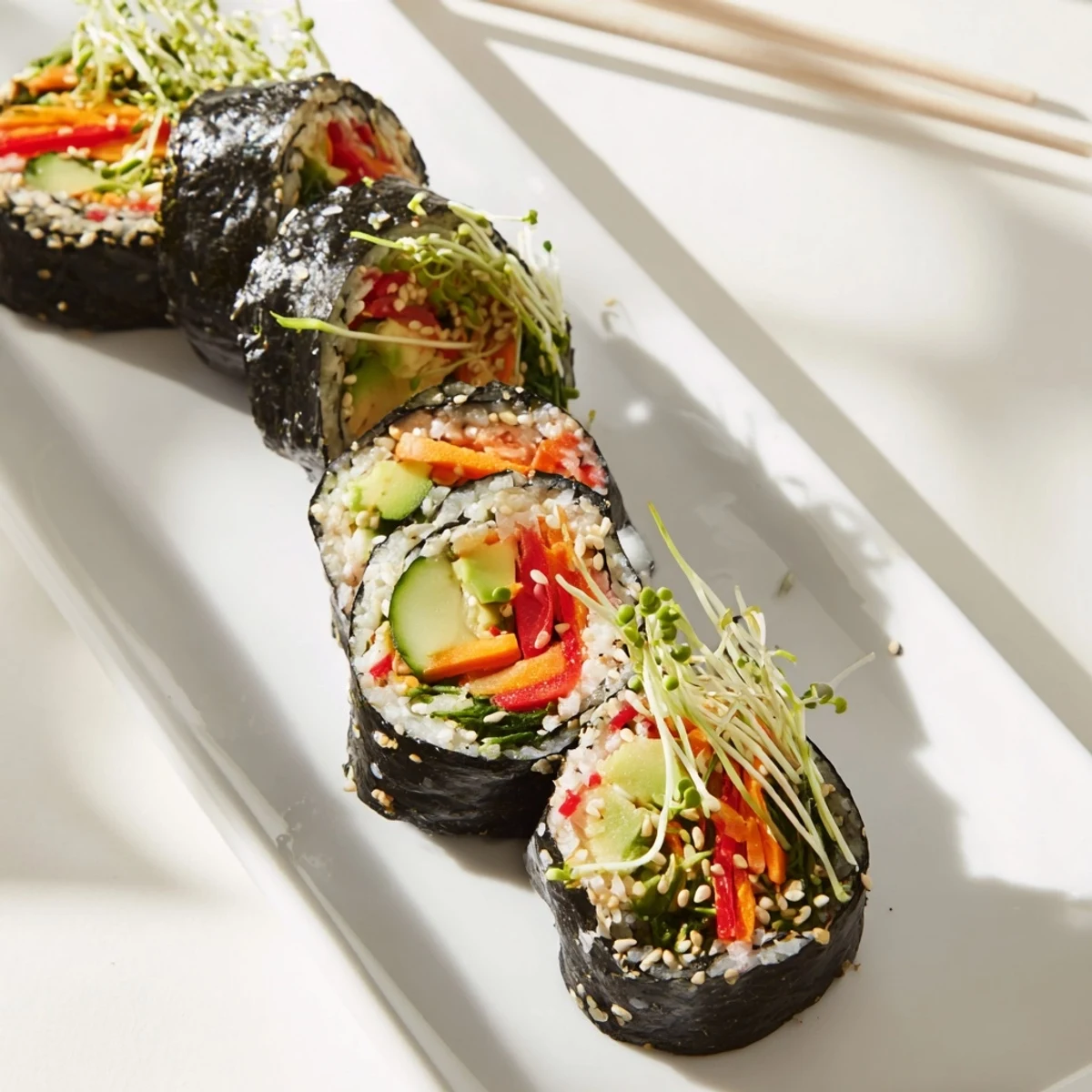 These vibrant nori rolls are filled with crisp cucumber, creamy avocado, and crunchy sprouts for a light Japanese-inspired snack.