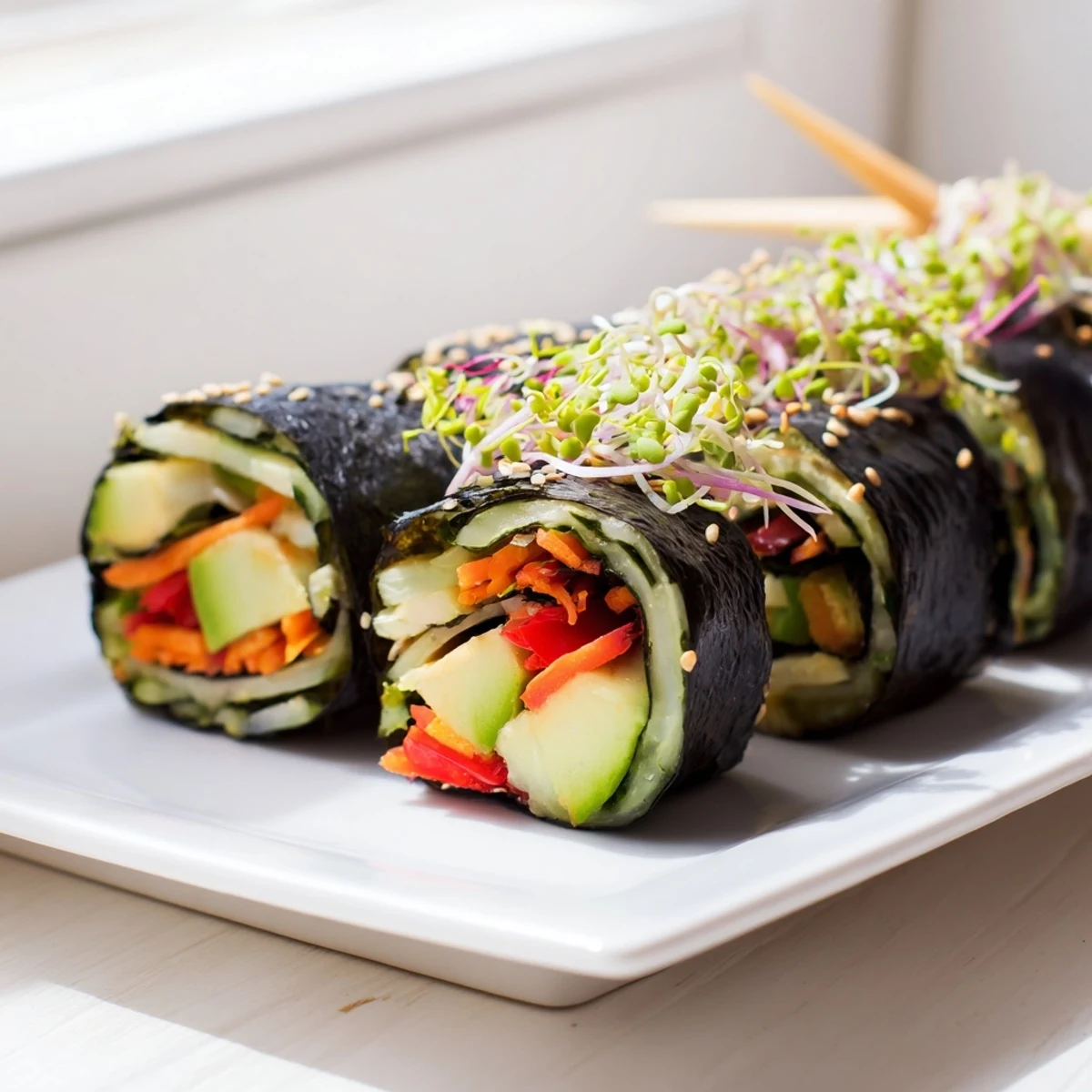 Fresh homemade nori rolls featuring colorful julienned vegetables and sesame seeds, arranged neatly on a wooden serving board.