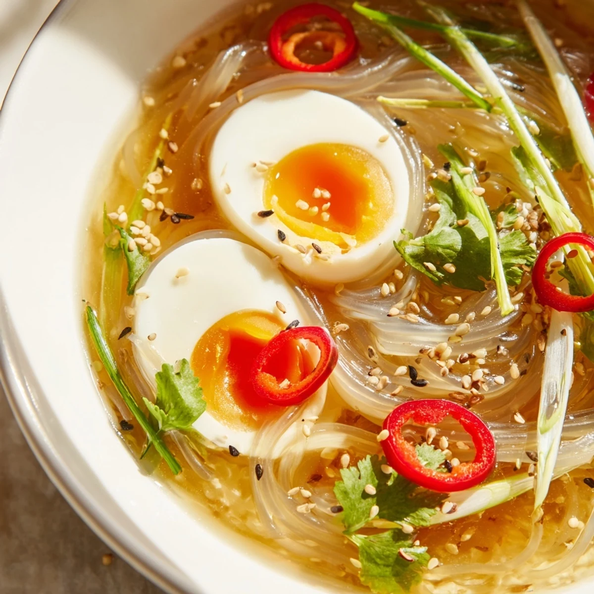 A steaming bowl of shirataki noodles with rich bone broth, topped with soft-boiled egg and fresh herbs.  