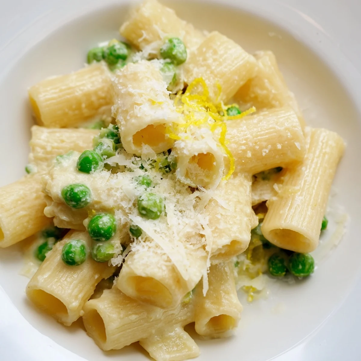 Bright spring pea and lemon ricotta pasta with tender rigatoni tossed in a velvety sauce, topped with lemon zest.  