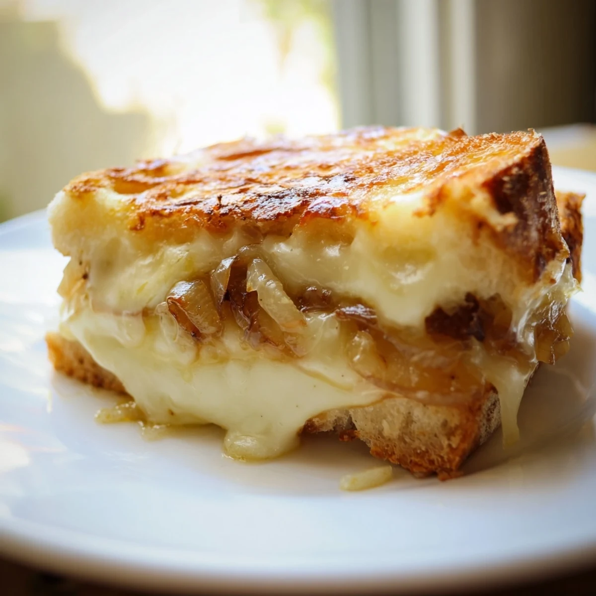 A close-up of a golden-brown Caramelized Onion & Gruyère Grilled Cheese, sliced to reveal layers of sweet onions and melted cheese on crispy country bread.