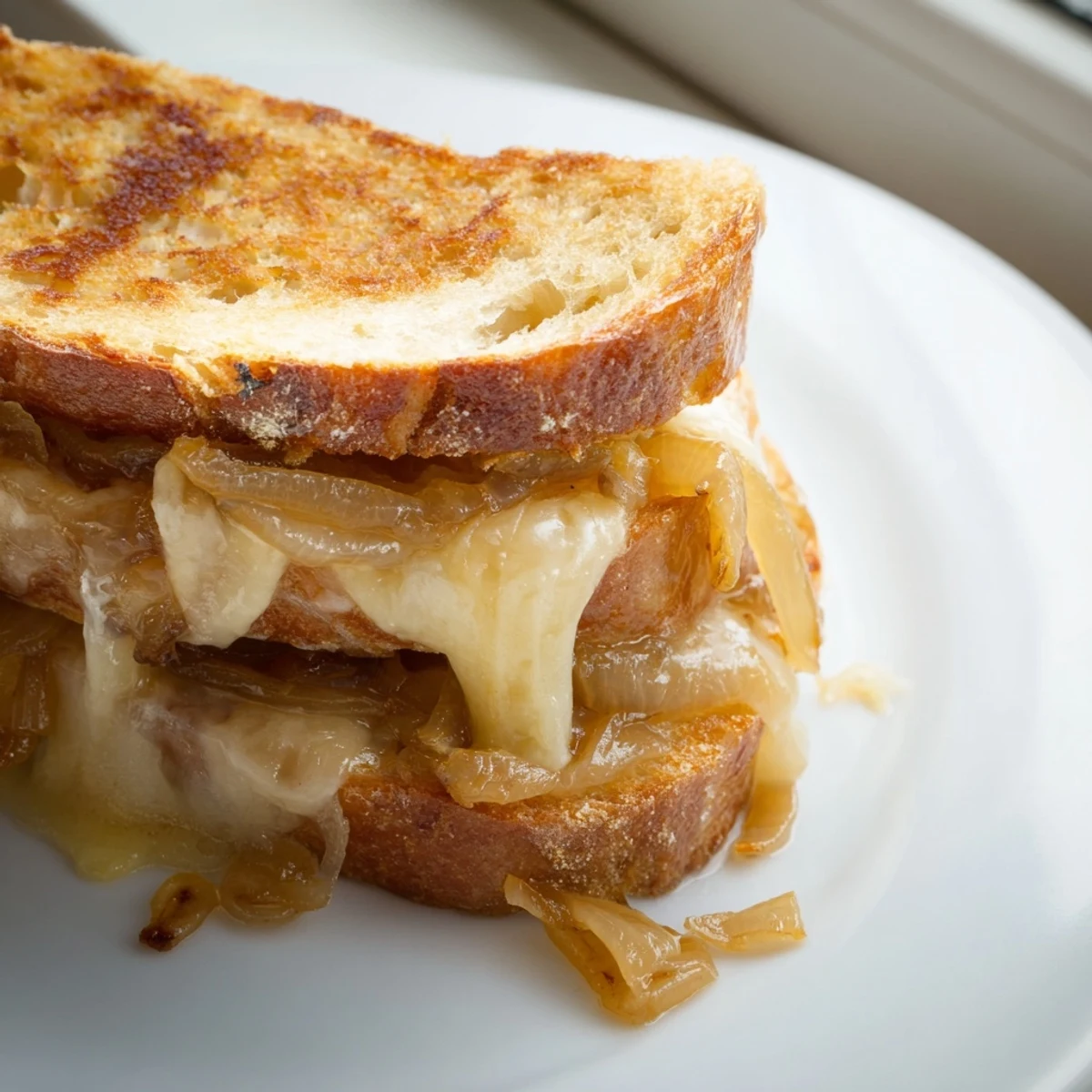 A steaming bowl of tomato soup pairs with a buttery, toasted Caramelized Onion & Gruyère Grilled Cheese, garnished with fresh thyme.