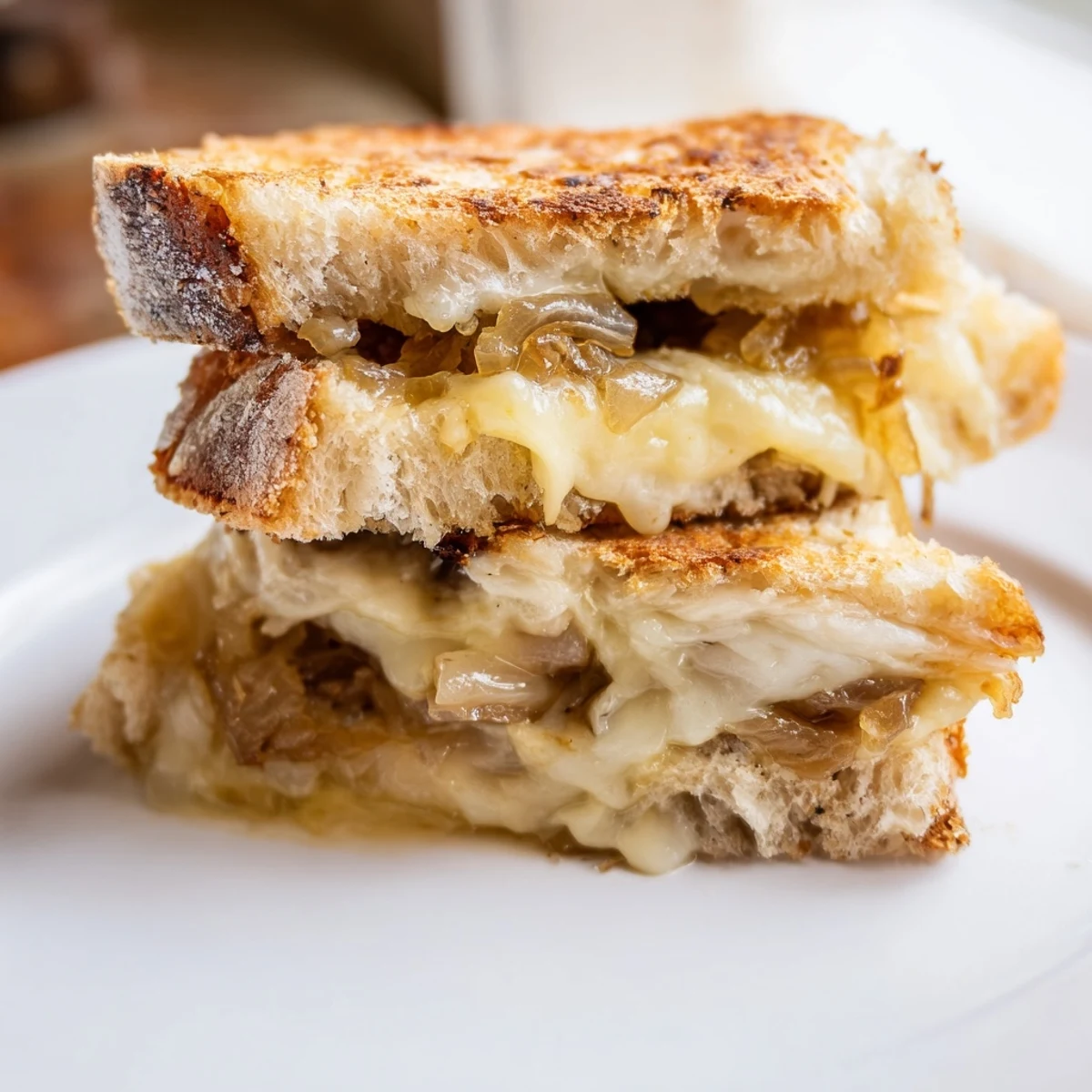 Two halves of a gourmet Caramelized Onion & Gruyère Grilled Cheese sit on a rustic wooden board, with melted cheese stretching between the golden crusts.
