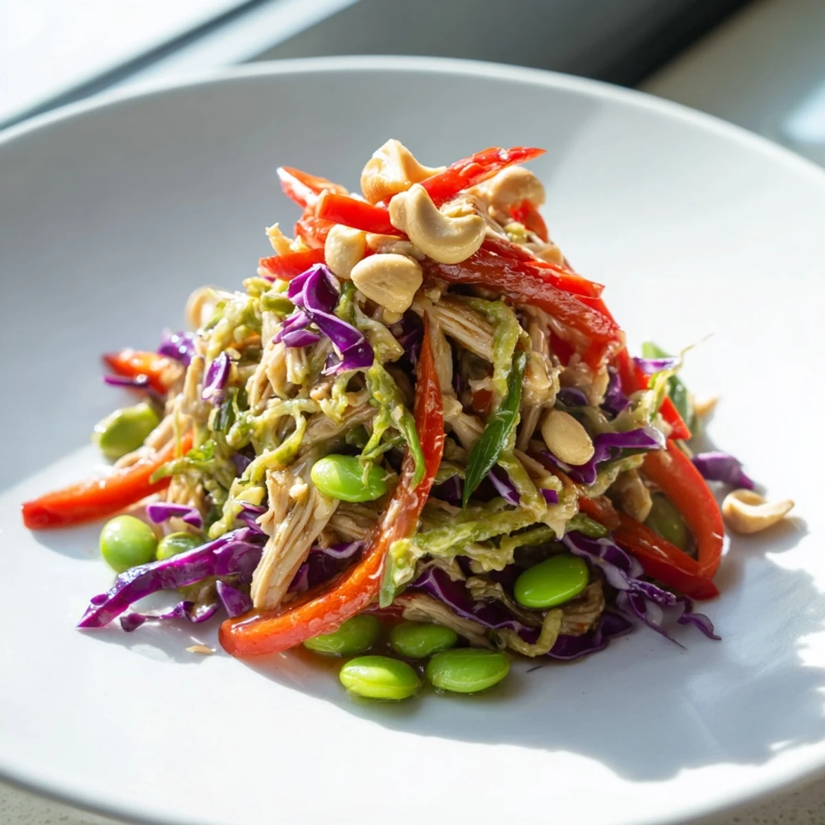 Vibrant Edamame Crunch Chicken Salad with shredded chicken, crisp cabbage, carrots, and a zesty ginger dressing.
