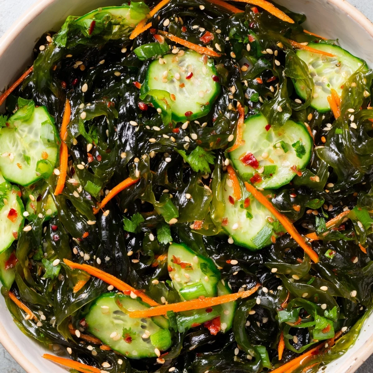 A close-up of vibrant Seaweed Salad in a white bowl, showcasing glistening wakame, julienned carrot, and fresh cucumber with a sesame-ginger dressing.