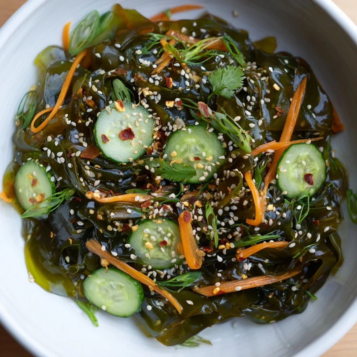 Colorful bowl of Japanese Seaweed Salad with crisp scallions, shredded carrot, and wakame, tossed in a tangy sesame dressing for a healthy bite.