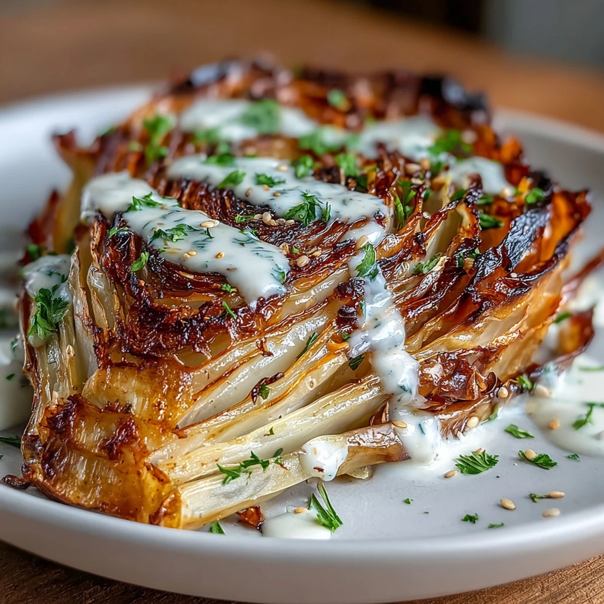 Golden roasted cabbage steaks with a creamy tahini drizzle, ready to serve.