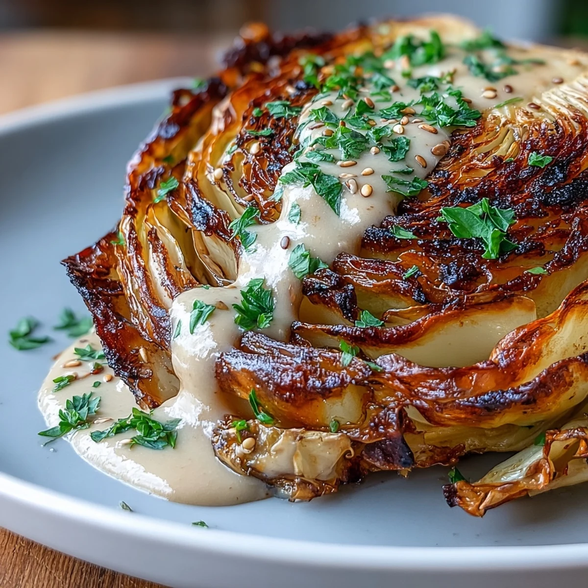 Tender, caramelized cabbage steaks topped with fresh parsley and lemon.