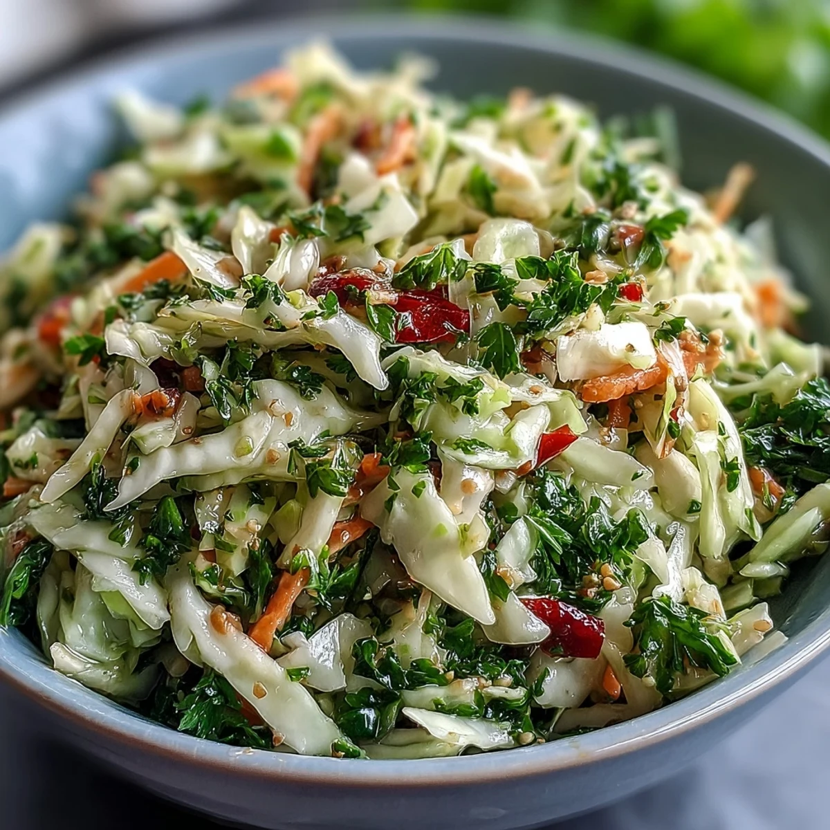 A vibrant bowl of Sauerkraut Slaw with shredded cabbage, grated carrots, and fresh green onions glistening with a light dressing.  