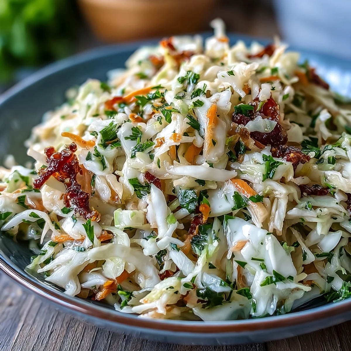 Freshly tossed Sauerkraut Slaw combines sauerkraut, green cabbage, and carrots, offering a tangy, probiotic-rich addition to any meal.