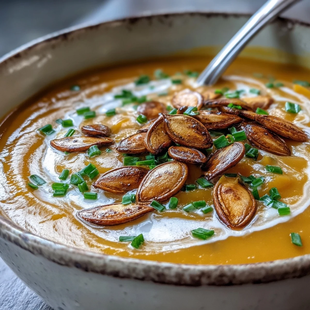 A bowl of creamy Acorn Squash Soup garnished with pumpkin seeds and chives, served as a cozy main dish.