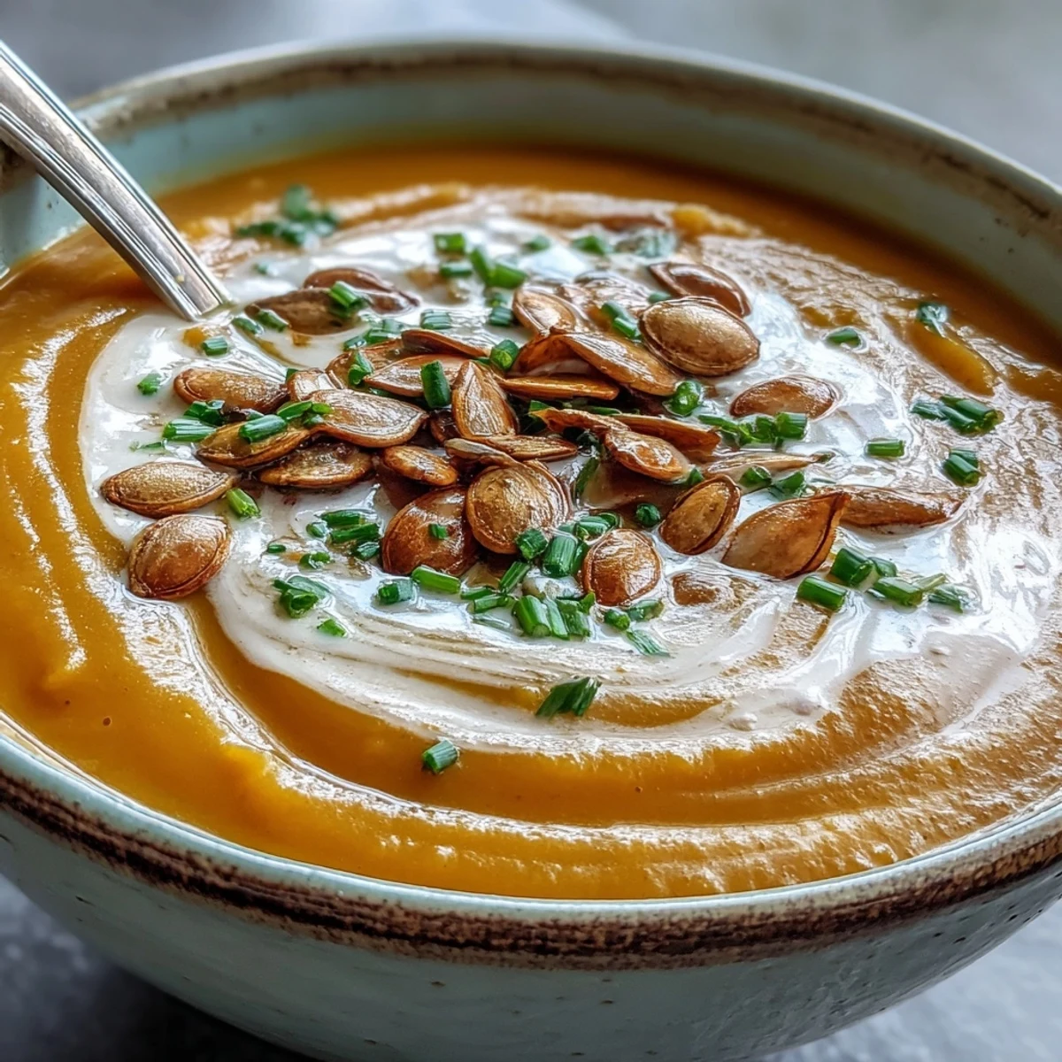 Smooth Acorn Squash Soup in a rustic bowl with a drizzle of cream and fresh herbs, perfect for fall.