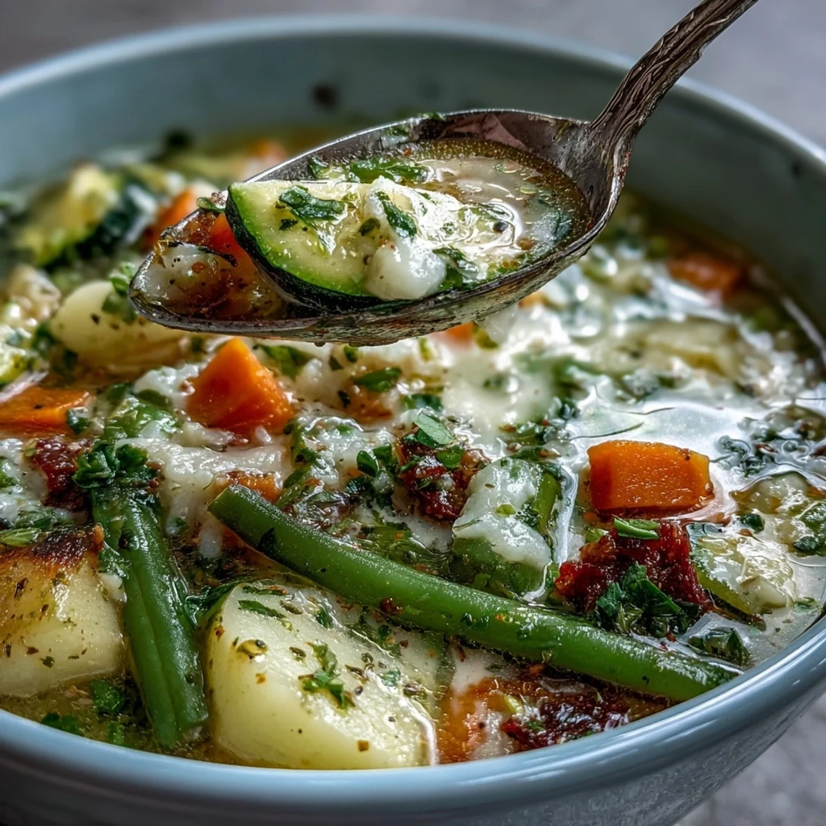 A steaming bowl of Parmesan Veggie Soup, topped with extra grated cheese and fresh parsley, served next to crusty bread.