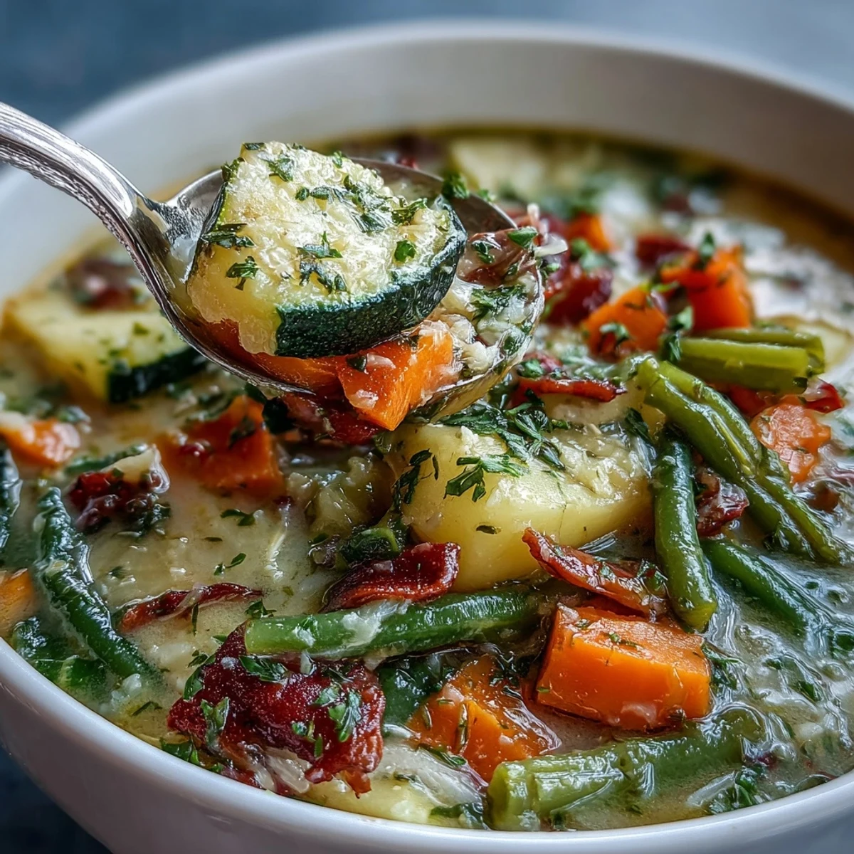 Easy vegetarian Parmesan Veggie Soup in a rustic mug, garnished with fresh parsley and cheese, perfect for a cozy meal.