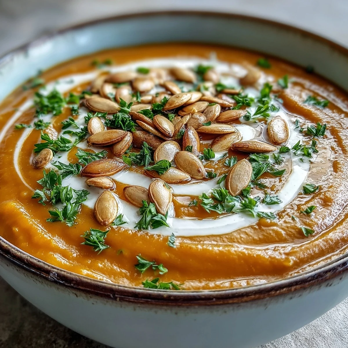 Velvety pumpkin soup garnished with toasted seeds and fresh herbs in a rustic bowl.