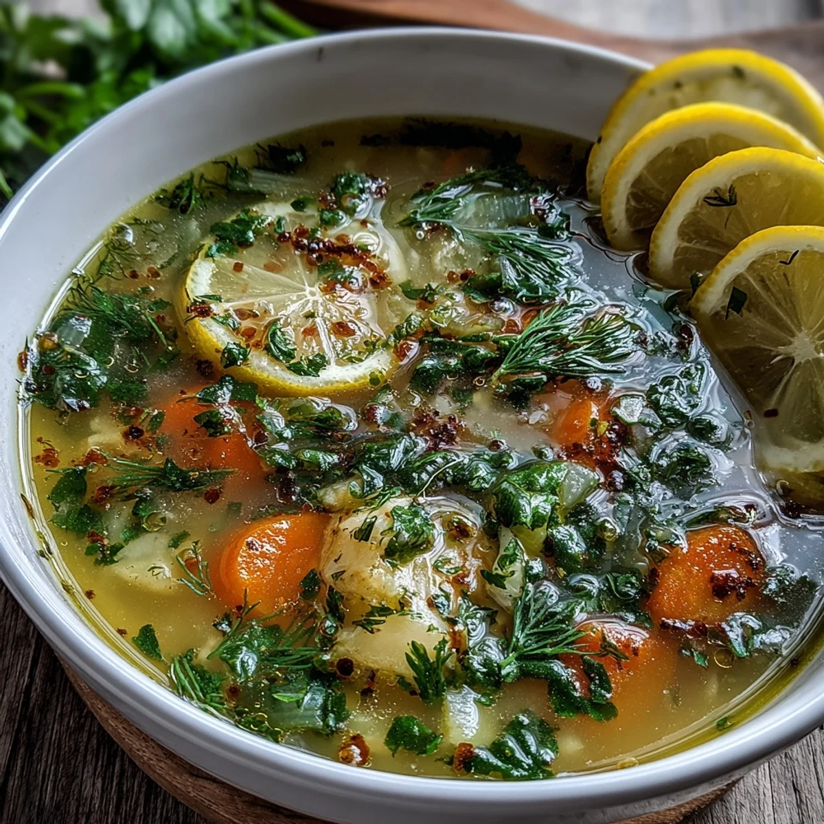 A bowl of hot Lemon Herb Soup garnished with fresh dill and lemon slices, steaming gently on a rustic table.