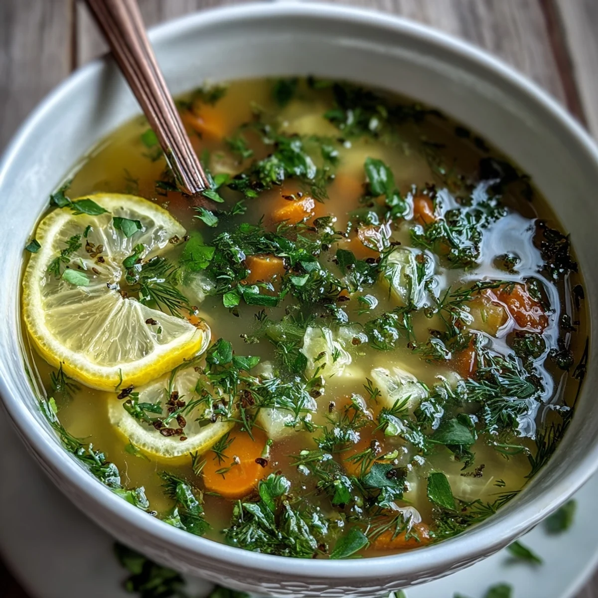 A close-up of a pot of Lemon Herb Soup simmering, showcasing the golden broth with lemon zest and herbs.