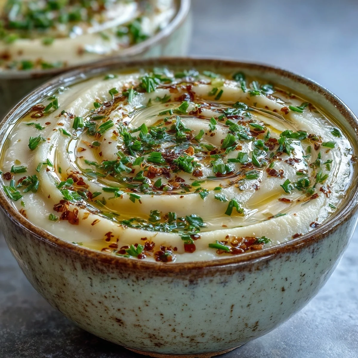 A bowl of Roasted Garlic and Herb Soup garnished with fresh chives and parsley, next to crusty bread for dipping.