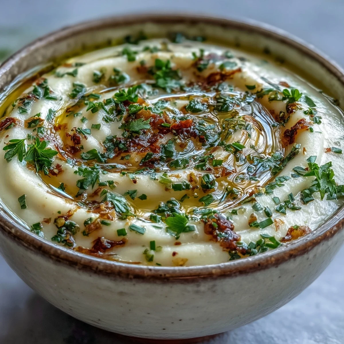 Creamy Roasted Garlic and Herb Soup in a rustic bowl, showcasing its smooth texture and aromatic steam.