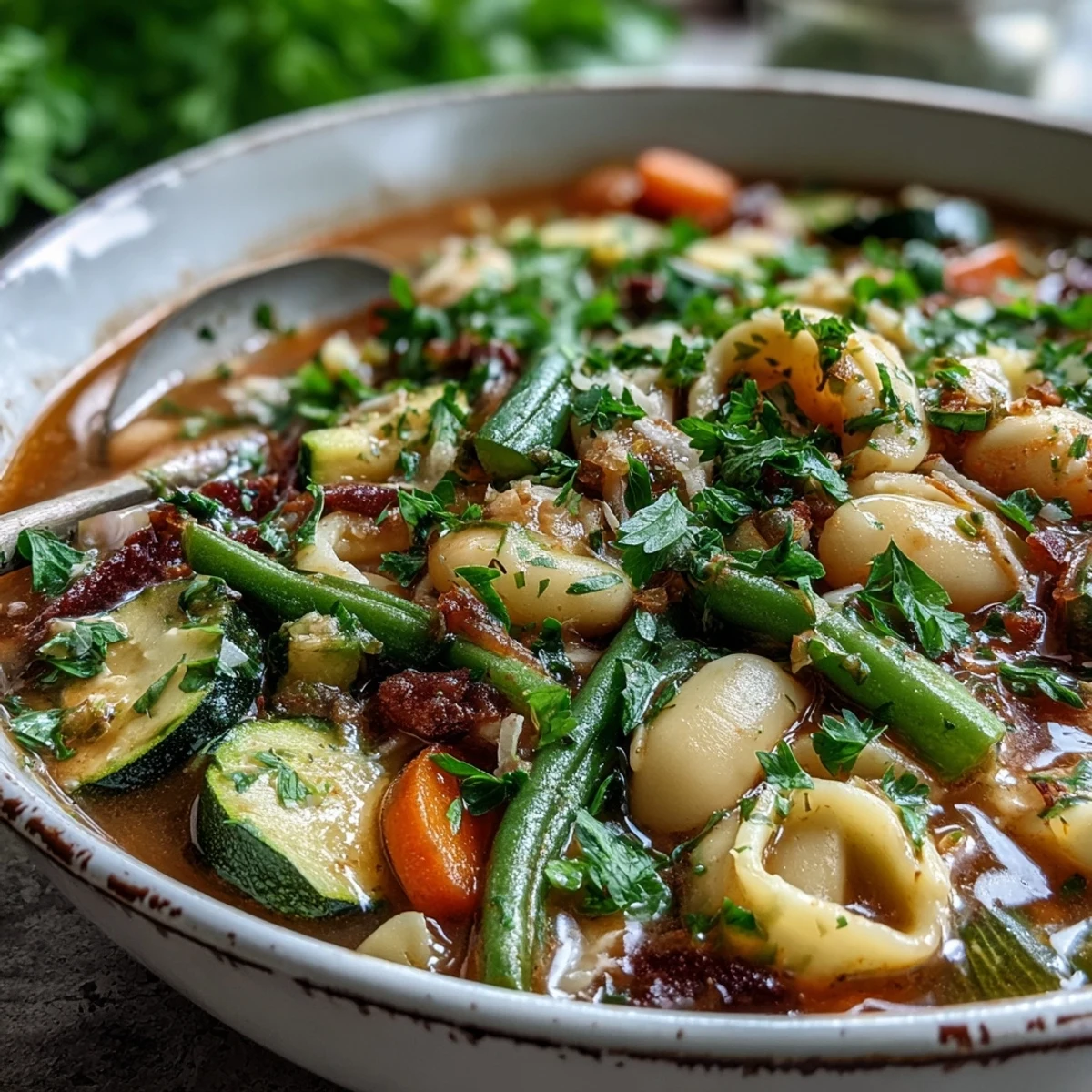 A steaming bowl of hearty Vegetable Minestrone, loaded with tender pasta, creamy beans, and fresh garden vegetables, served with crusty bread.